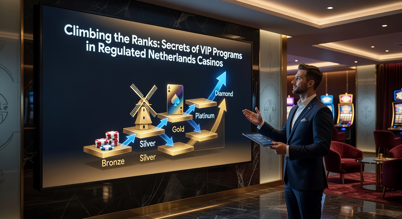 Grafische weergave van een VIP-ladder met gouden trappen en casino-chips die leiden naar exclusieve beloningen in een Nederlands casino-thema