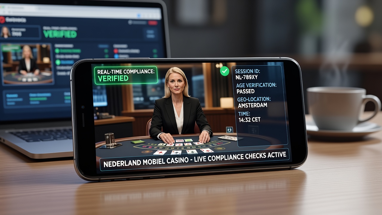 Mobiele casino interface met live dealer en compliance indicators