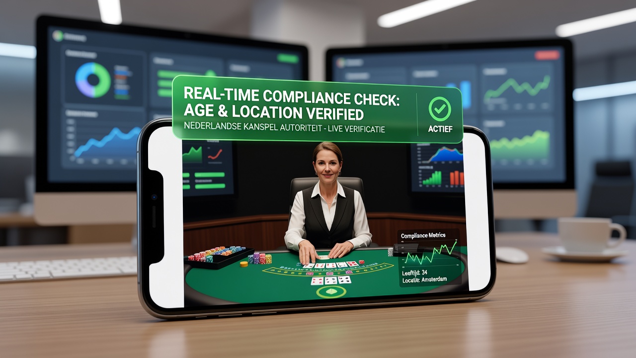 Live dealer tafel met overlay van compliance checks op mobiel scherm