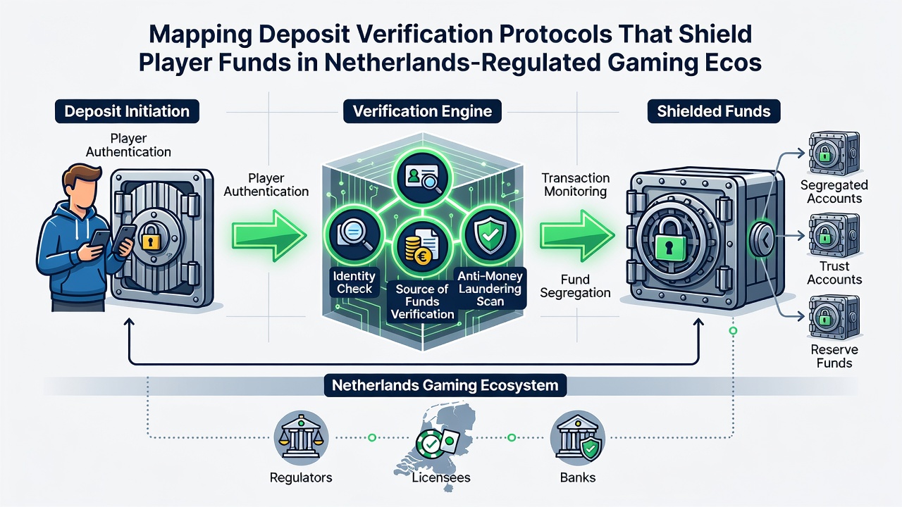 Diagram van beveiligde depositstromen en verificatieprotocollen in gereguleerde Nederlandse casino's