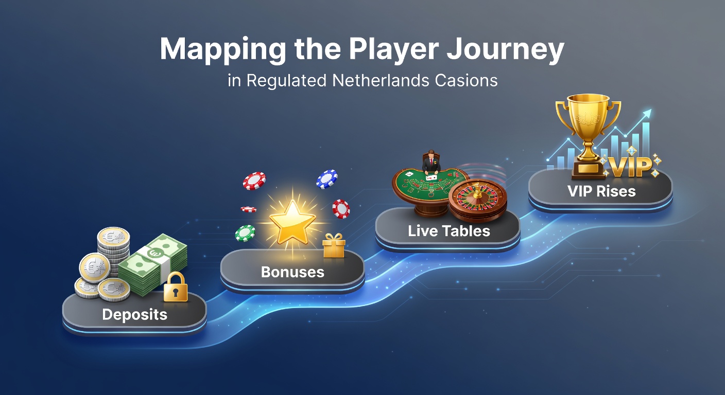 Grafische weergave van een spelersreis met pijlen van storting naar VIP-status in een Nederlands casino