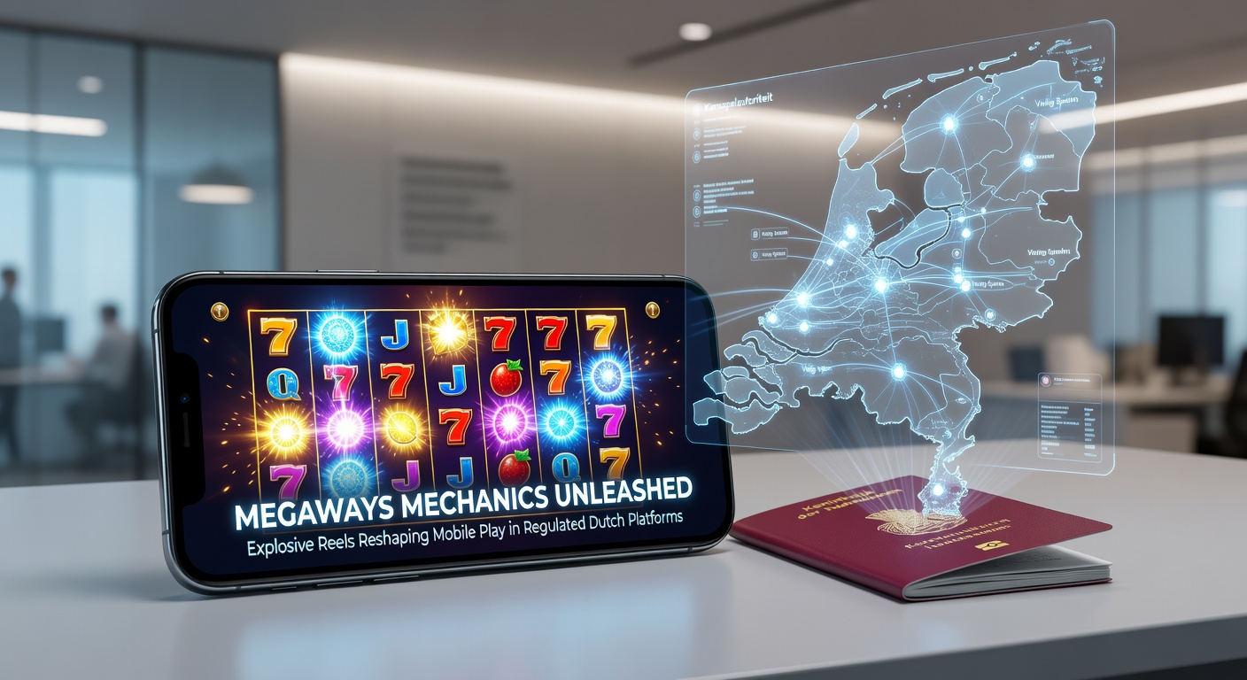Mobiele interface van een Megaways game met tumbling reels en hoge multipliers op een Nederlands gereguleerd platform