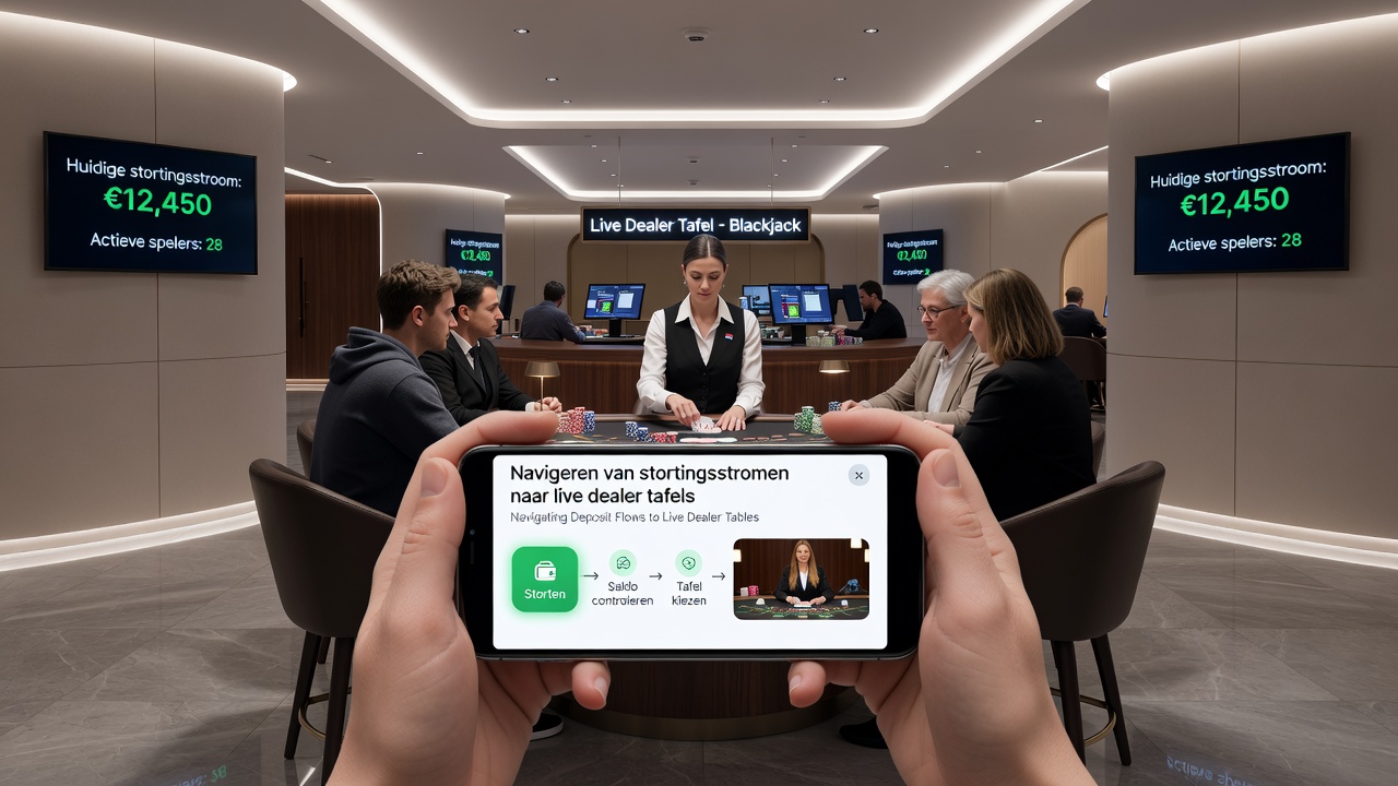 Live dealer tafel op smartphone scherm met stortingsbevestiging