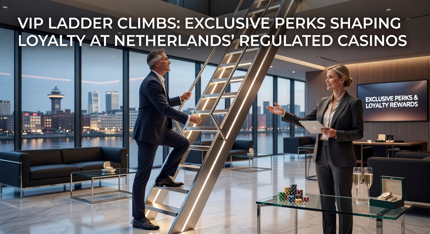 Grafische weergave van een VIP-ladder met niveaus en beloningen in een online casino, symboliserend progressie en exclusiviteit