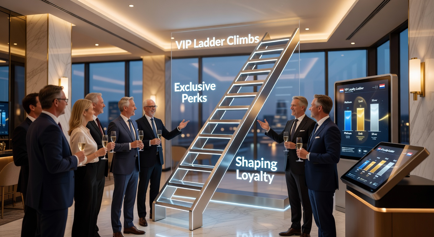 Speler die een VIP-niveau viert met symbolische trofee en perks zoals cashback en events, illustrerend succesvolle ladderbeklimming